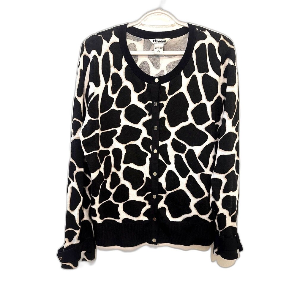 Nygard Collection Cardigan L 14-16 Giraffe Animal Print Black Cream Snap Front